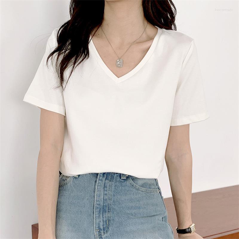 

Women's T Shirts Women's T-Shirt Mercerized Short-Sleeved For Women Summer Pure Cotton V-neck Loose Half-Sleeve Top Simple Base, Black
