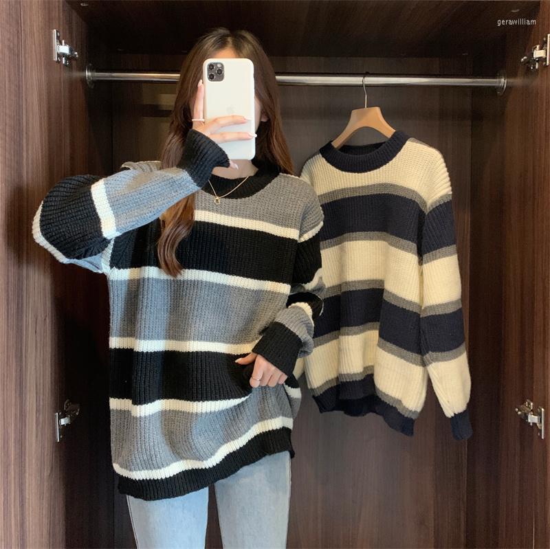 

Women's Sweaters Real Autumn And Winter Simplicity Loose Round Neck Stripes, Blue stitching color