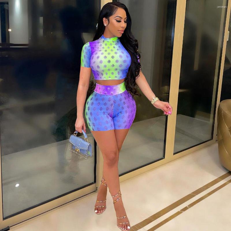 

Women' Tracksuits 2022 Arrival 2 Pcs Women Set Print Hollow Out O-neck Short Sleeve Tops And Shorts Summer Sexy Outfits, Blue
