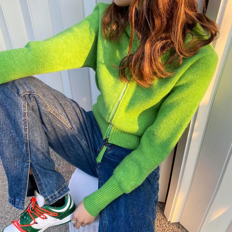 

Women's Knits Spring Zippers Sweaters Jacket Hip Hop Style Y2K Knit Solid Green Cardigan Outwear Short Soft Hooded Cropped Coat