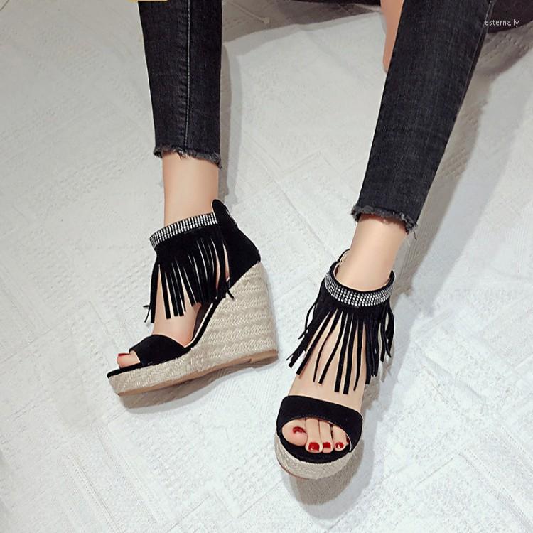 

Sandals High Heels Red Fairy In Spring And Summer 2022 Women's Waterproof Table Muffin Thick Bottom Roman Tassel Shoes Tide, Black