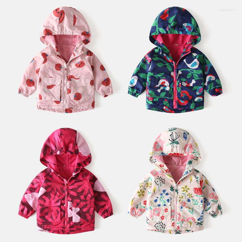 

Coat 2022 Autumn Winter Girls Cartoon Print Plus Velvet Windbreaker Children's Jacket Mid-length Windproof 3-8 Years, Picture shown