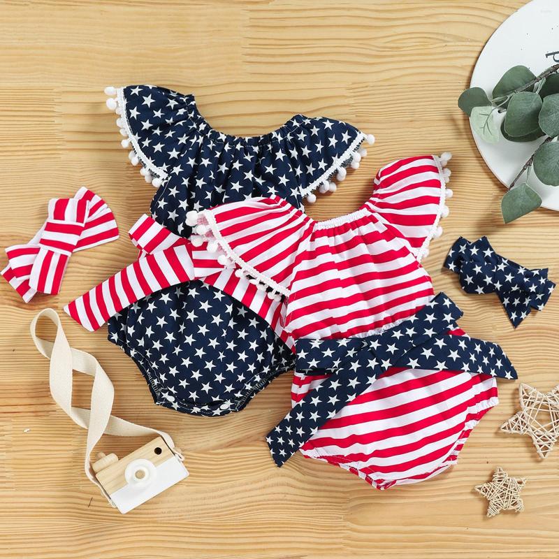 

Clothing Sets 2Pcs Infant Baby Girls 4th Of July Outfit Stripe/Star Print Flying Sleeve Tassels Romper Hairband For Toddler 0-18 Months, Navy blue