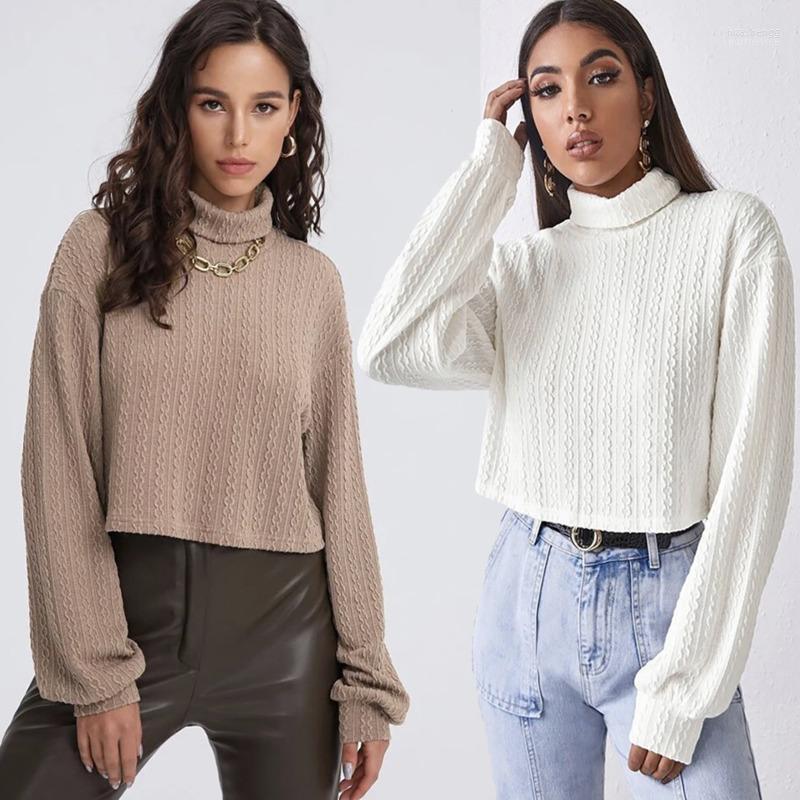 

Women' Sweaters Women' Autumn Winter Khaki White Pullover High Neck Long Sleeve Knitted Twist Solid Color Loose Short Sweater Office