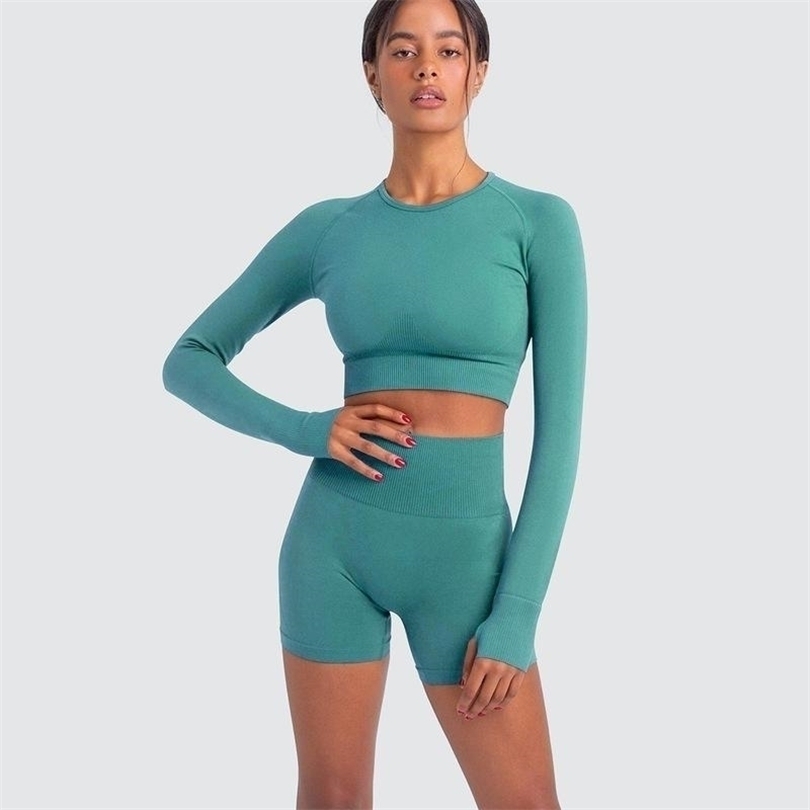 

Womens Two Piece Pants Seamless Women Workout Clothing Yoga Set Long Sleeves Shorts Suit High Waist Shorts Yoga Leggings Sets Fitness Sports Suits 221010, Green