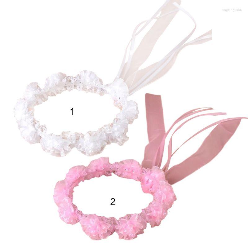 

Headpieces Child Girl Wedding Headband Artificial Mesh Flower Adjustable Ribbon Crown Wreath Faux Pearl Beading First Communion Po Props