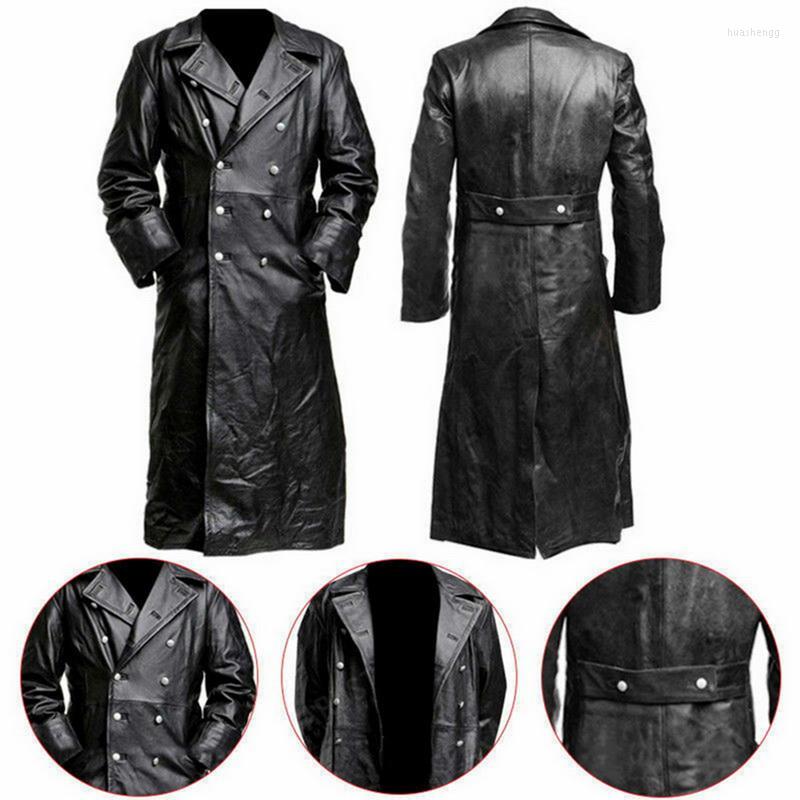 

Men's Jackets Men's Button Closure PU Leather Jacket Top Quality Long Trench Winter Vintage Business Outerwear Premium Officer Black, Red