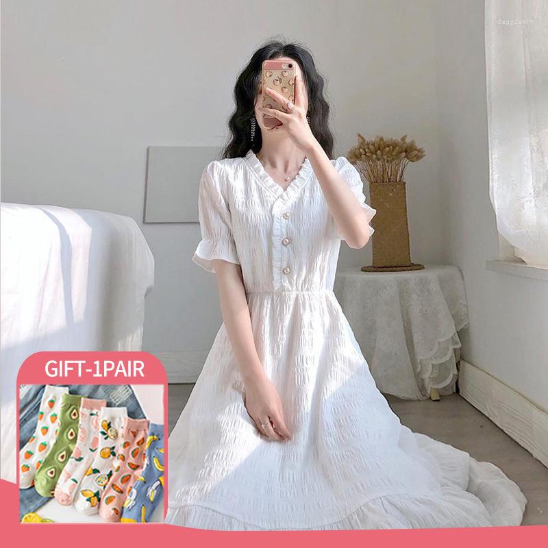 

Party Dresses 2022 Summer Women Dress Fashion Sweet Button Short Sleeve V-neck White Fairy Casual Slim Women's Clothing