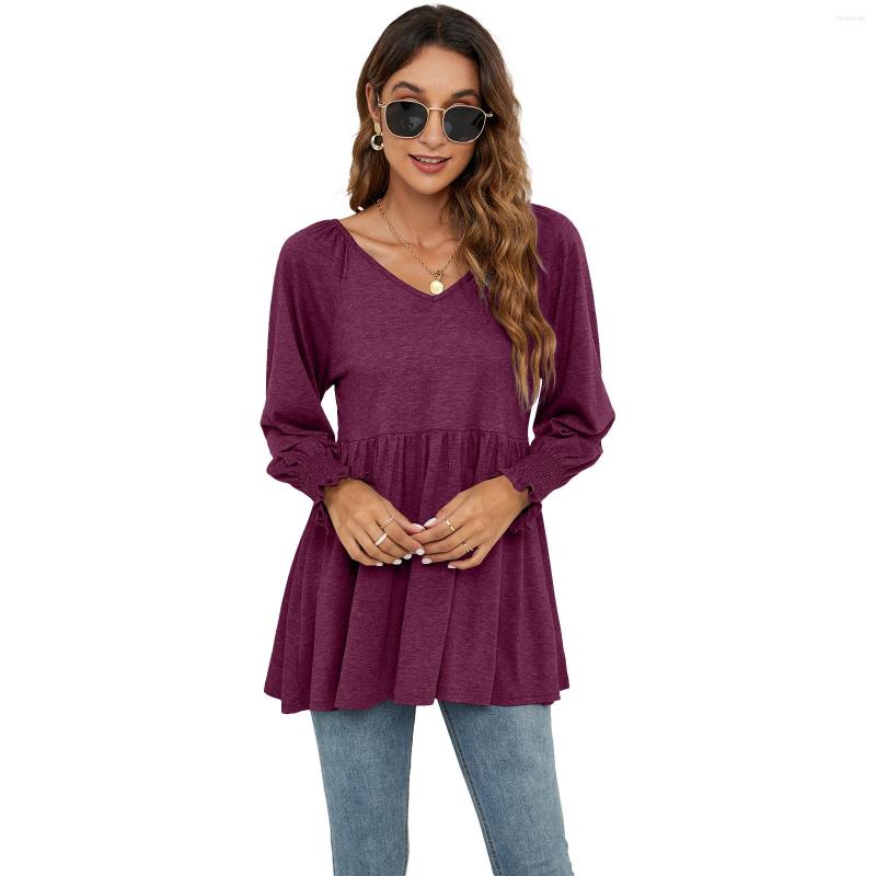 

Women' T Shirts Women' 2022 Autumn And Winter V-neck Bubble Long-sleeved Tunic T-shirt, Black