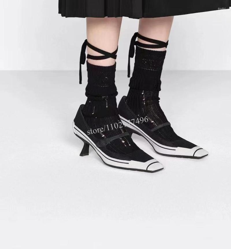 

Dress Shoes Women Square Toe Woven Fabric Low Heel Pumps Black And White Colorblock Fretwork Heels Sandals Brand Design Casual Fashion, Picture shown