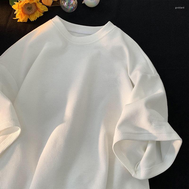 

Men's T Shirts Waffle Breathable Summer Short Sleeve Solid Oversized Men Japan Vintage Korean Harajuku Fashion Clothing Trend Tops, Black