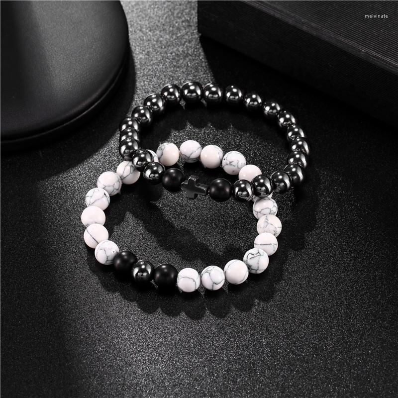 

Strand 8mm Cross Hematite Beaded Bracelet Set Men Charm White Turquoises Women Elastic Pulseras