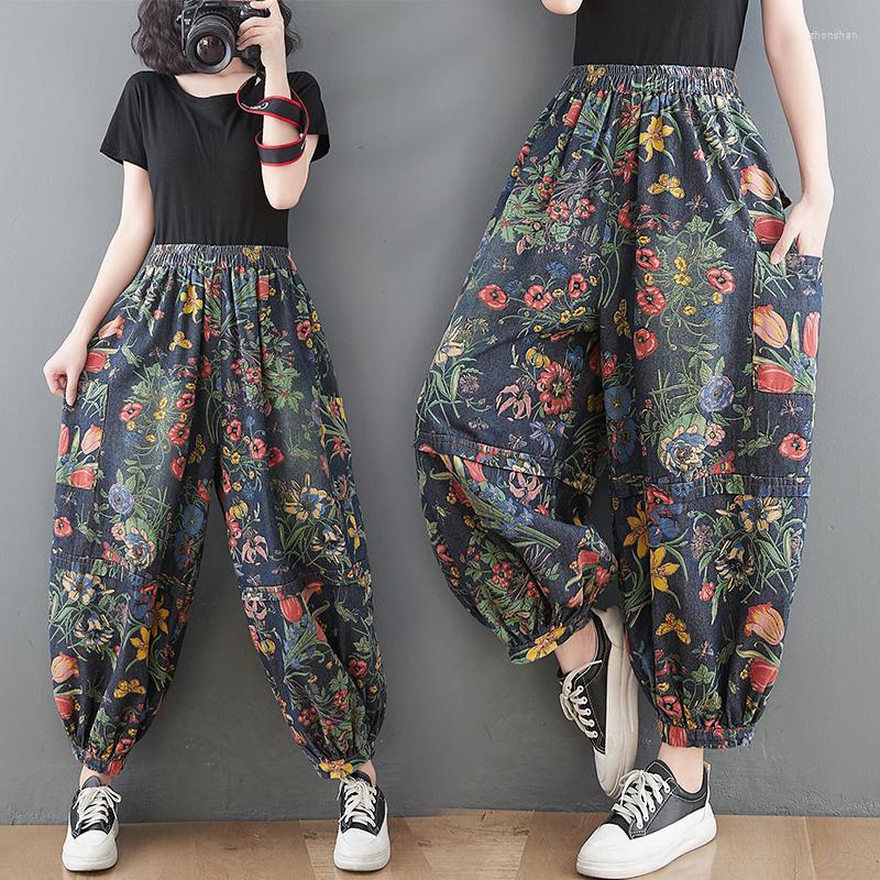 

Women's Jeans Western Style Female Vintage Floral Woman Spring Flower Cowboy Harem Pants Loose Elastic Waist Ethnic Boho Trousers Pocket, As pattern