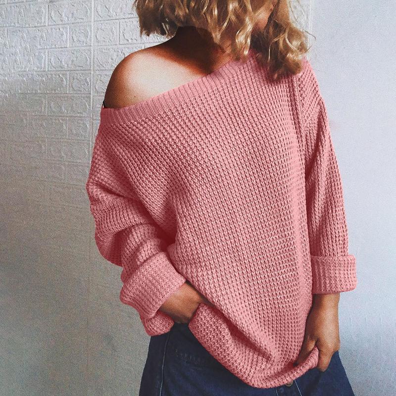 

Women's Sweaters Slash Neck Long Sleeve Knitted Women Autumn Winter Casual Loose Ladies Pullovers Colorful Solid Female Jumper Top, Coffee