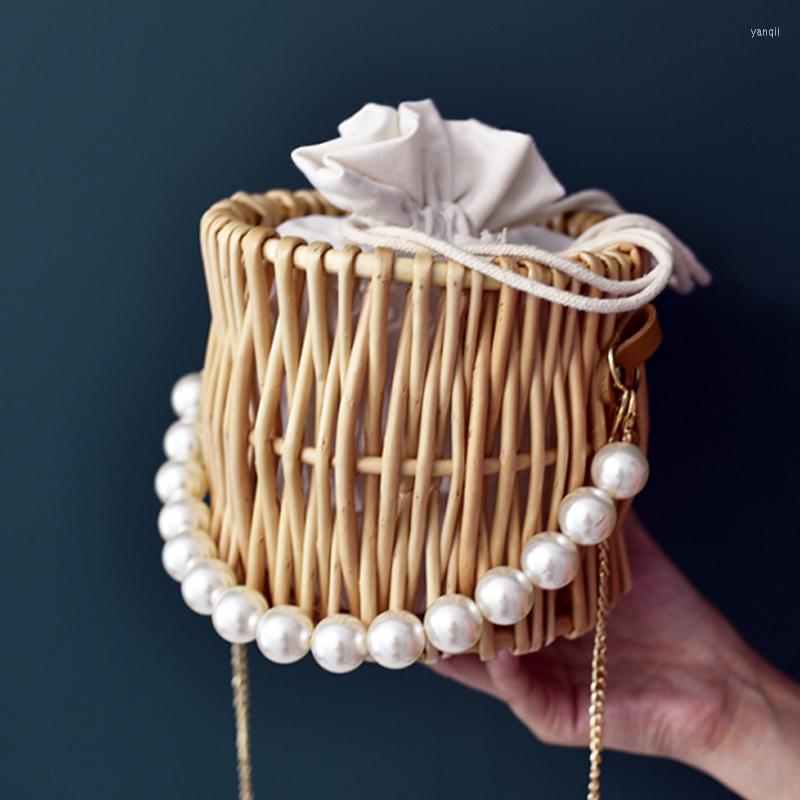 

Evening Bags Luxury Pearl Women Bag Hand Woven Handbag Straw Rattan Chain Crossbody Bagravel, Khaki