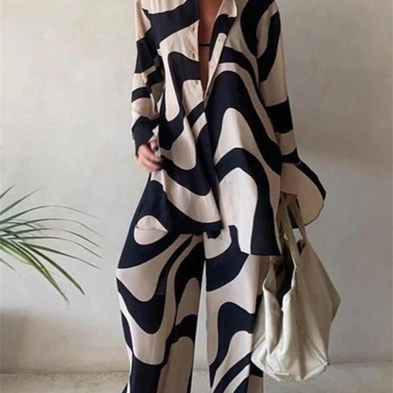 

Women's Two Piece Pants Summer Fashion Women's Set Printed Loose Long Sleeves Shirts Straight Pants Two Piece Suits Elegant Streetwear Female Outfit 221010, As picture 2