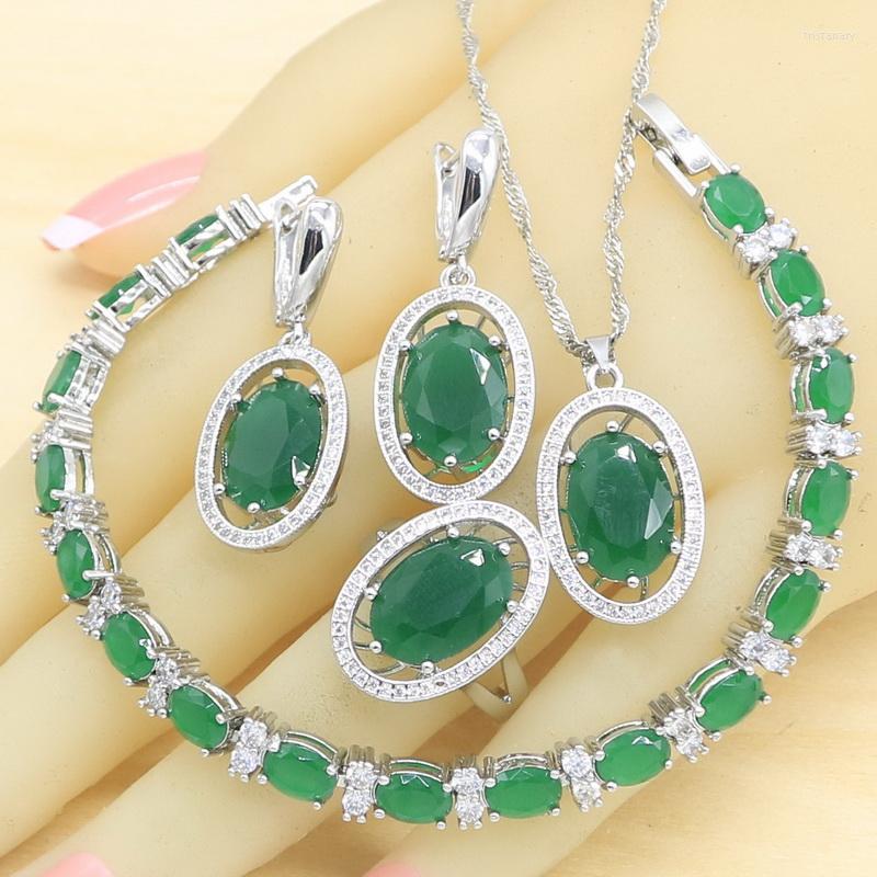 

Necklace Earrings Set Green Semi-precious Silver Color For Women Bracelet Rings Pendant Gift Box, Picture shown