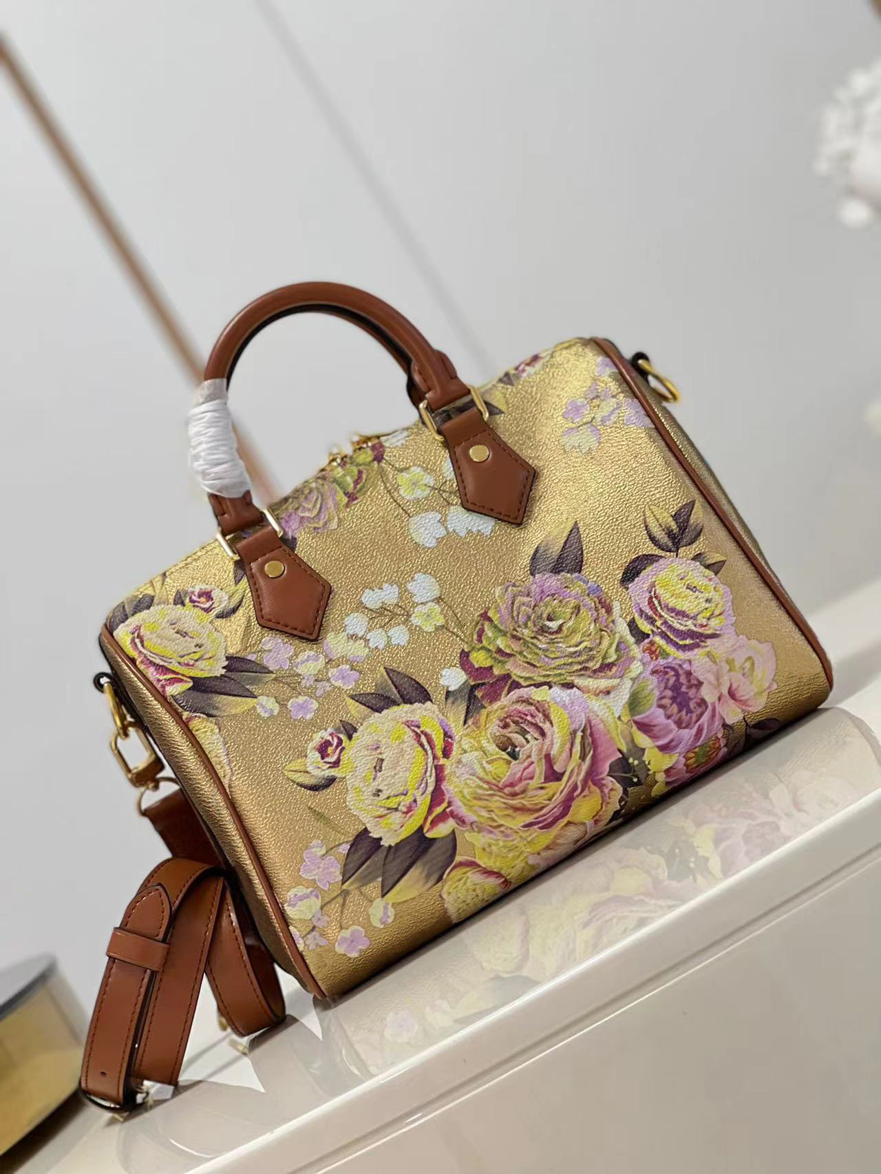 

M21317 classic SPEEDY 25 BAG with floral handbag With Padlock Womens fashion metallic leather CrossBody Mini totes Purse Shoulder Cross Body Handbags, Gold
