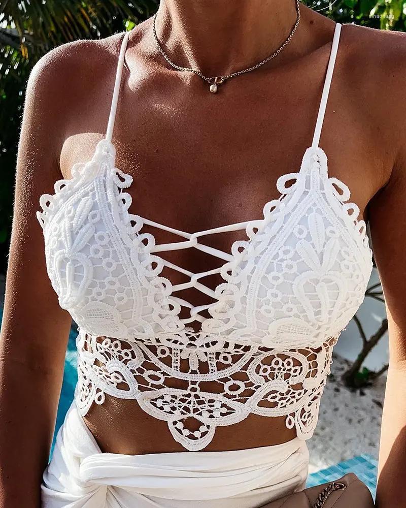 

Women' Tanks CHAXIAOA 1 Piece Summer 2022 Women Guipure Lace Cutout Backless Sexy Night Out Cami Top