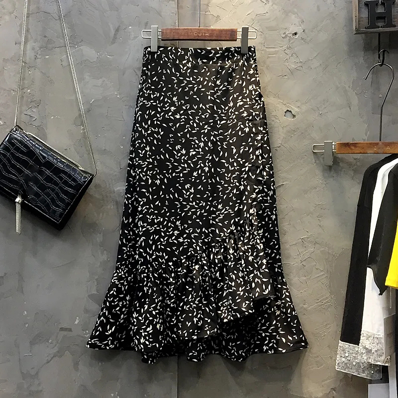 

Skirts Lucyever Black Printing Chiffon Women's Skirt Fashion High Waist Asymmetrical Ruffles Long Elegant Aline Midi 221010