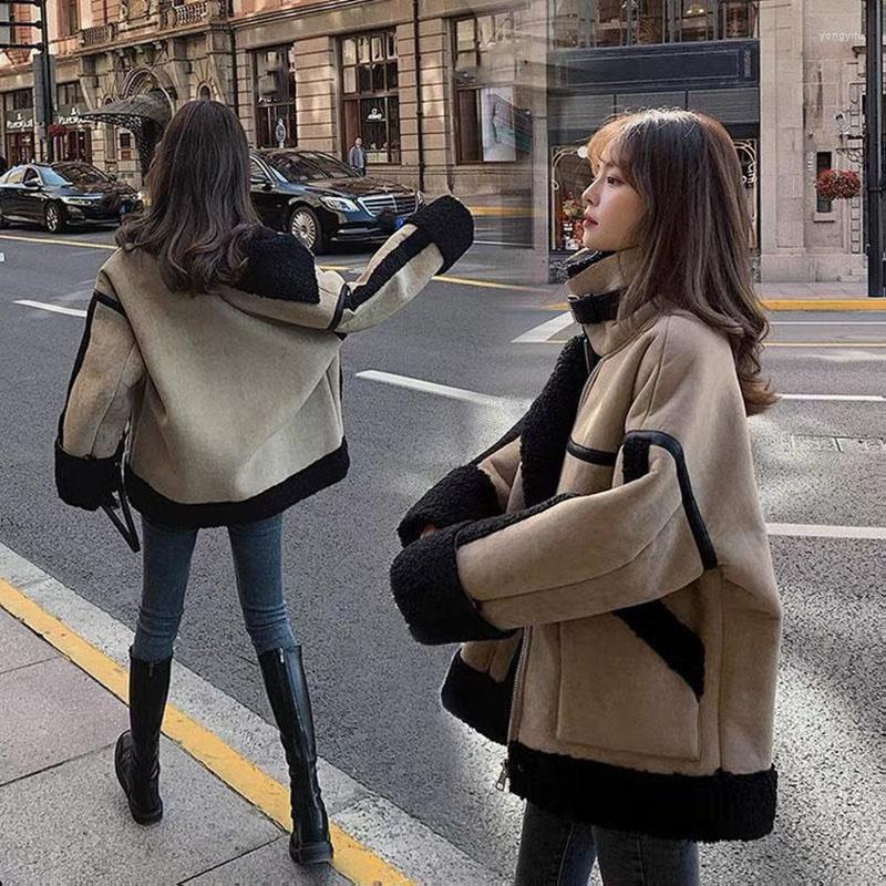 

Women' Fur Patchwork Lamb Wool Coats Thick Warm Faux Jacket Cashmere Women Vintage Loose Plush Snow Wear Biker Lady Jackets, Black