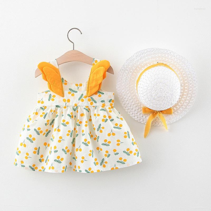 

Girl Dresses Cute Cartoon Cherry Toddler Girls With Hat Summer Fashion Flower Polka Dot Print Comfortable O-neck Infant Baby Dress, Dot yellow