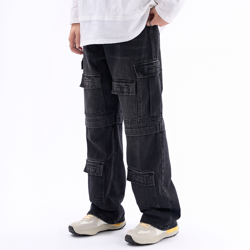 

Pants Hip Hop Multi-pockets Washed Black Jeans Cargo For Men High Street Straight Distressed Baggy Denim Trousers