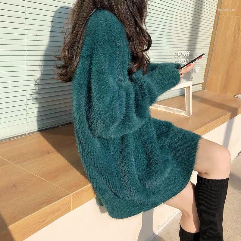 

Women's Sweaters EBAIHUI Women Soft Loose Knitting Faux Mink Cashmere O Neck Thicken Winter Solid Female Pullovers Warm Knitwear, Green