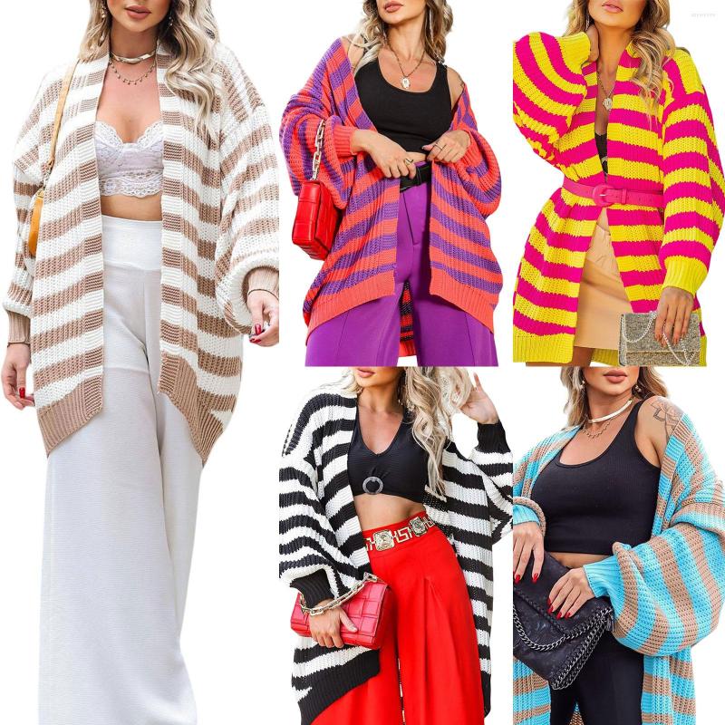 

Women' Knits Women Striped Cardigan Long Lantern Sleeve Contrast Color Open Front Sweater Outwear For Fall Winter Spring, Blue