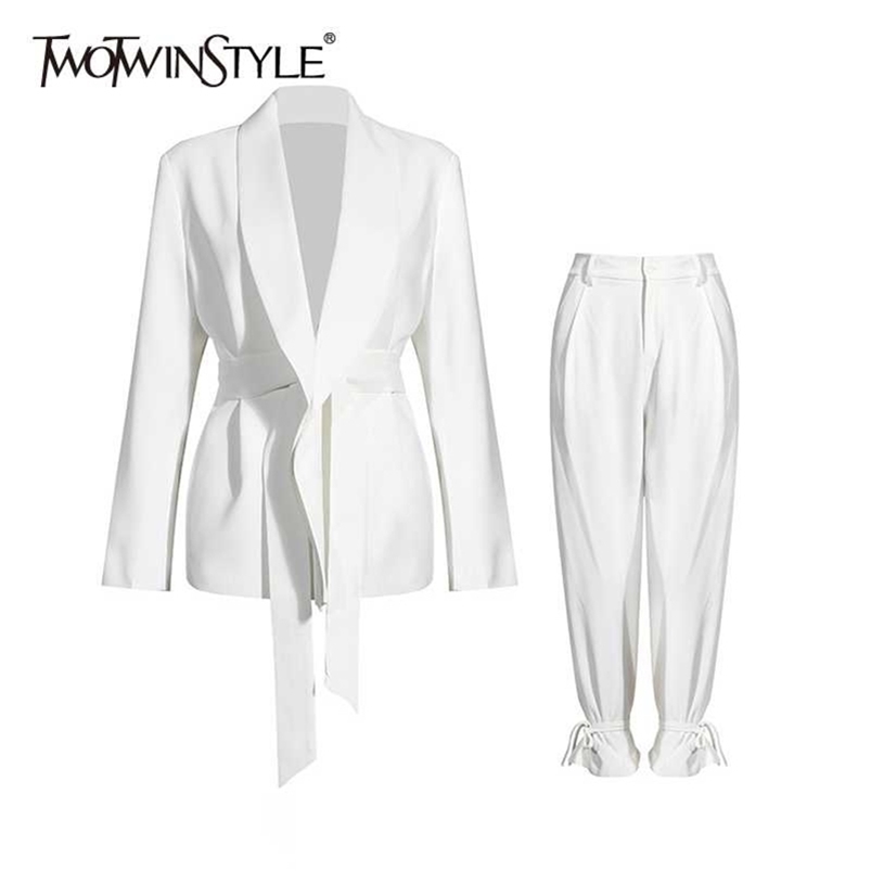 

Women's Two Piece Pants TWOTWINSTYLE Solid Color Korean Two Piece Set Women Blazer High Waist Belt Lace-up Straight Pants Suits Female Fashion 221010, White