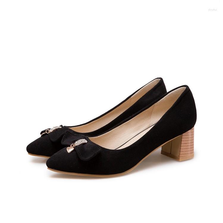 

Dress Shoes Oversize Large Size Big Ladies High Heels Women Woman Pumps Butterfly-knotted Suede Square-heeled Single, Black