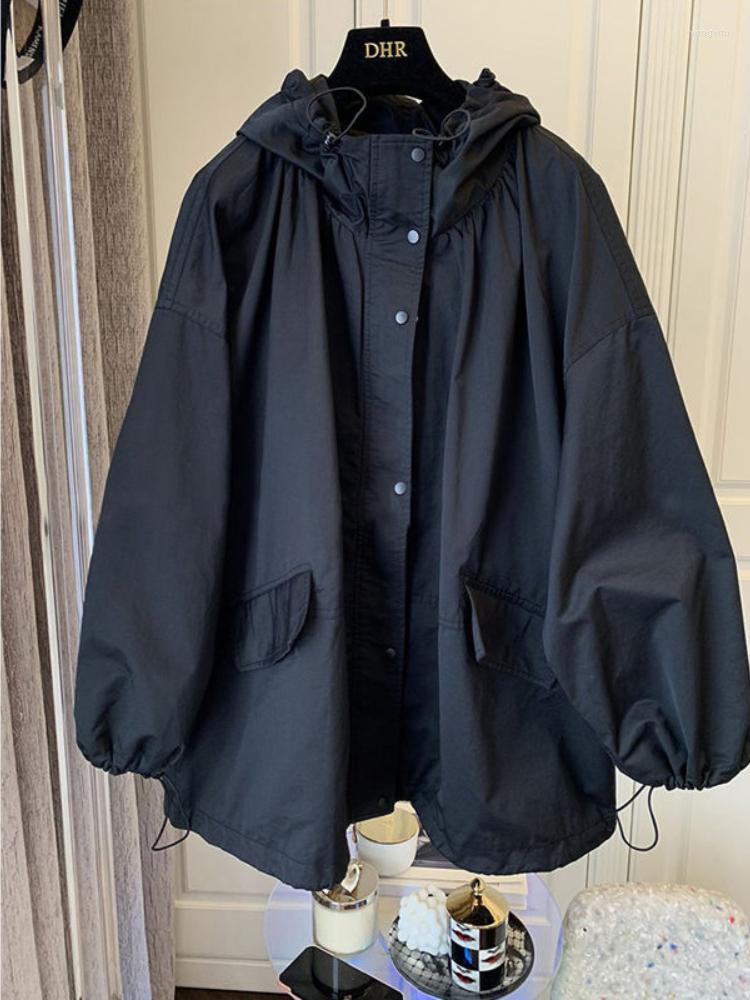 

Women's Jackets Fashion Casual Hooded Trench Coat Single Breasted Zip-up Long Sleeve Women Autumn 2022 Korean Loose Windbreaker, Black