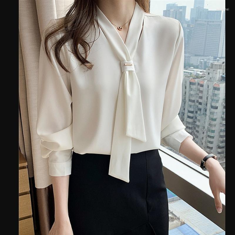 

Women' Blouses Womens Tops 2022 Spring Large Size Casual Chiffon Blouse V-Neck Solid Shirt Long Sleeve Fashion Blusas Mujer E207, White