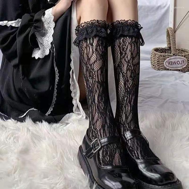 

Women Socks 2 Pairs Women's Long Summer Hollowed Out Lace Mesh Black White Sexy Lolita Japanese COS Stockings JK Over The Knee