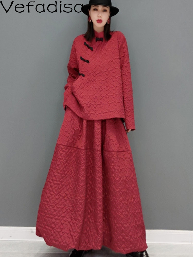 

Two Piece Dress Vefadisa Chinese Style Button Stand Collar Coat Suit Women Elastic Waist Skirt Set Spring Autumn LHX 221010, Red