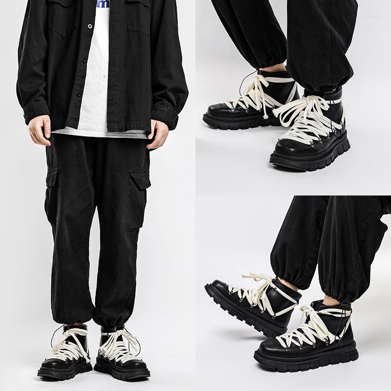 

Boots Fashionable All-match Heightened Men's Thick Bottom Mid-top Black Straps Autumn Temperament Niche