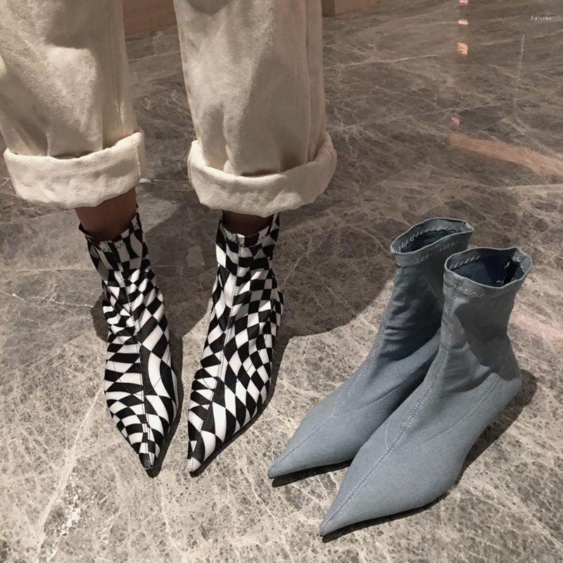 

Boots Black Blue Women Ankle Pointed Toe Sock Botas Thin Mid Heels Fashion Autumn Spring Stretch Shoes Ladies Party Short Bootie