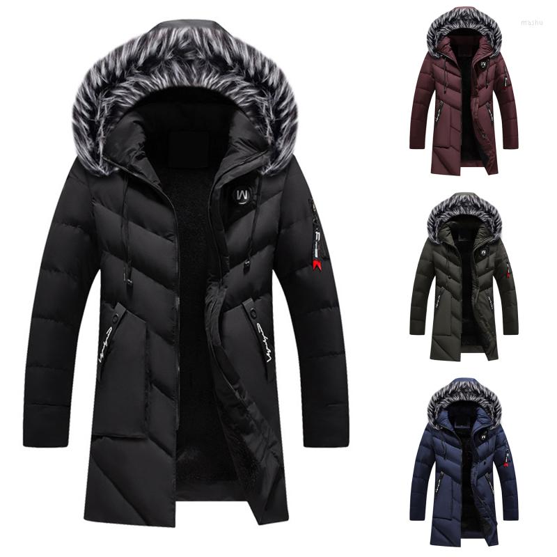 

Men's Down Winter Jacket Men Fashion Fur Hooded Male Parka Mens Solid Thick Jackets Cotton Coats Man Fleece Parkas Windbreaker, Navy blue