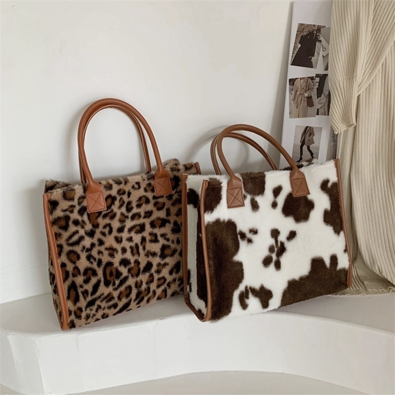 

Evening Bags TopHandle Retro Cow Leopard Print PU Leather Plush Design Autumn Winter Fashion Small Women Handbags 221010