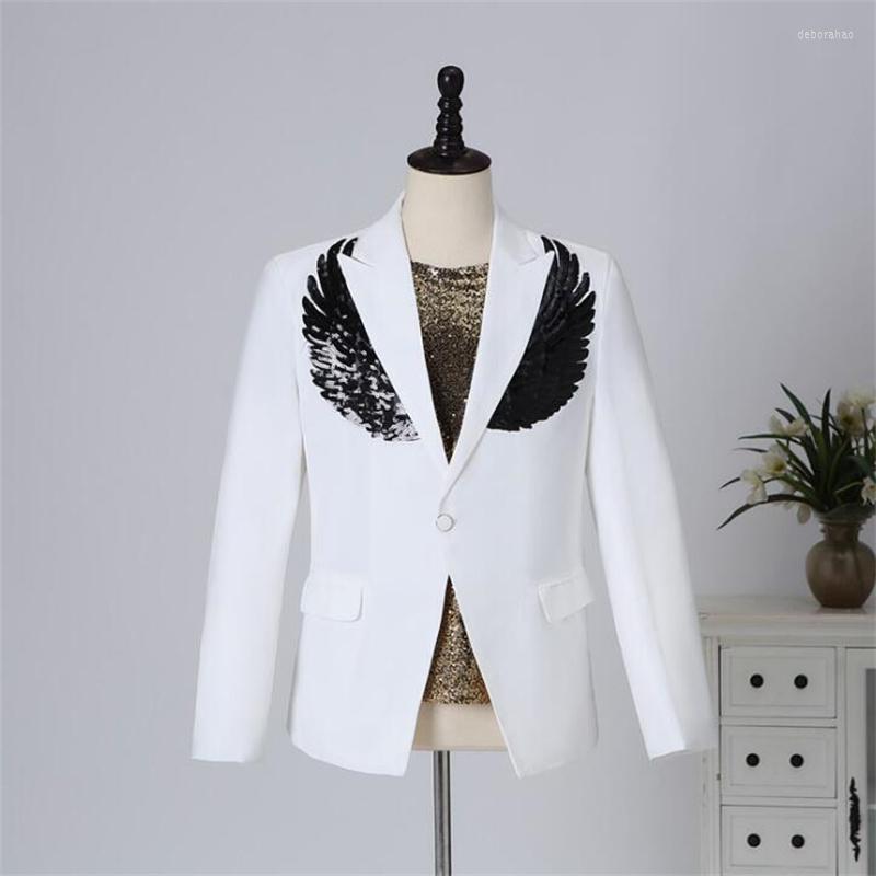 

Men' Suits Sequins Wing Black Blazer Men Groom Suit Jackets Mens Wedding Costume Singer Star Style Stage Clothing Formal Dress B232, White