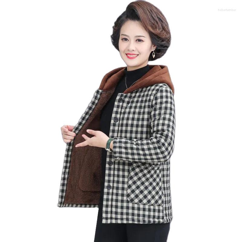 

Women's Down Winter Cotton-padded Jacket 2022 Middle-aged Plus Velvet Thicken Parka Jackets Women Mother's Hooded Top Female Park, Black grid