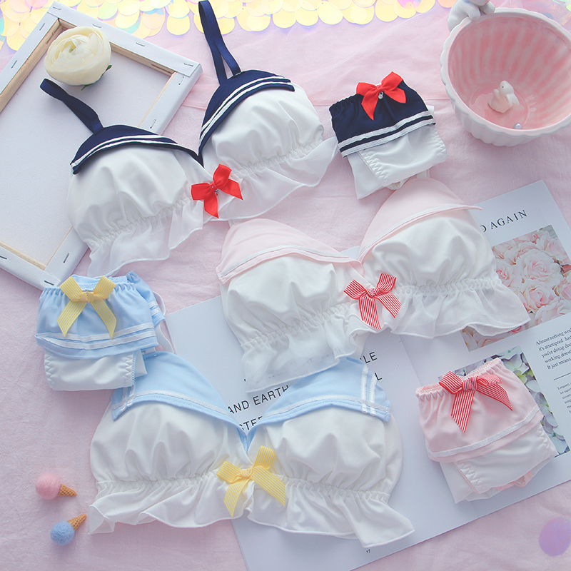 

Bras Sets Japanese Lolita Navy Lingerie with Panties Sweet Cute Sailor Underwear Cos Sexy Bow Set Kawaii Women Student Bralette 221010, Blue