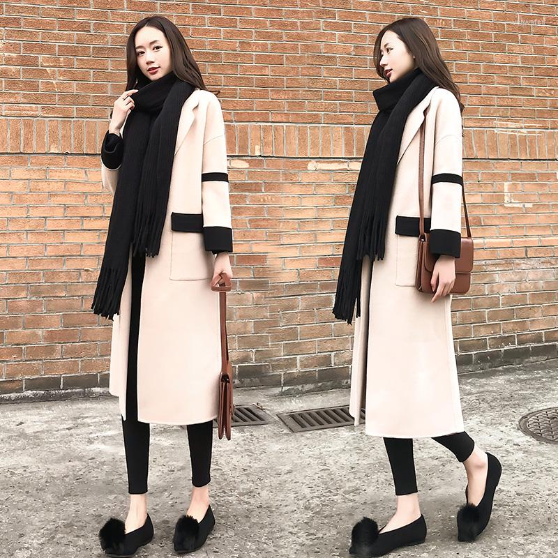 

Women' Trench Coats Autumn And Winter Women' England Wind Loose Thin Coat Fashion Long Single-breasted Two-color Stitching Wool, Beige