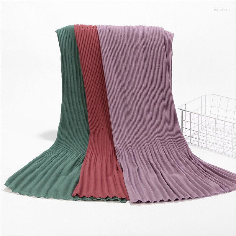 

Scarves High Quality Solid Color Pleated Chiffon Long Scarf Hijabs Elegant Muslim Women Turban Shawls Fashion Party Headscarf Headwear