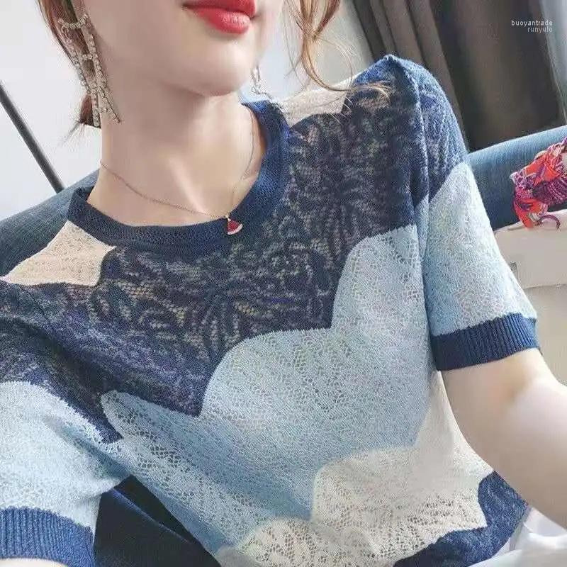 

Women' Sweaters Women' Hollow Short Sleeve Elegant Woman Summer Loose Large Size Color Matching Coat Korean Style Knitted Bottoming, Blue stripes