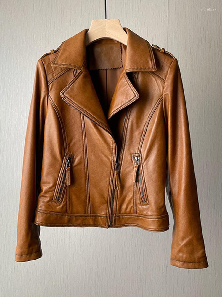 

Women's Leather 2022 Spring Fashion High Quality Women's Female Soft Real Coat Slim Office Lady Genuine Jacket, Black