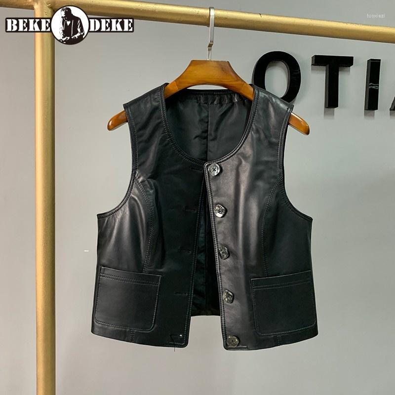 

Women's Vests Womens Genuine Leather O-Neck Vest Office Casual Sheepskin Sleeveless Jackets Spring Autumn Single Breasted Cargo Waistcoat, Black