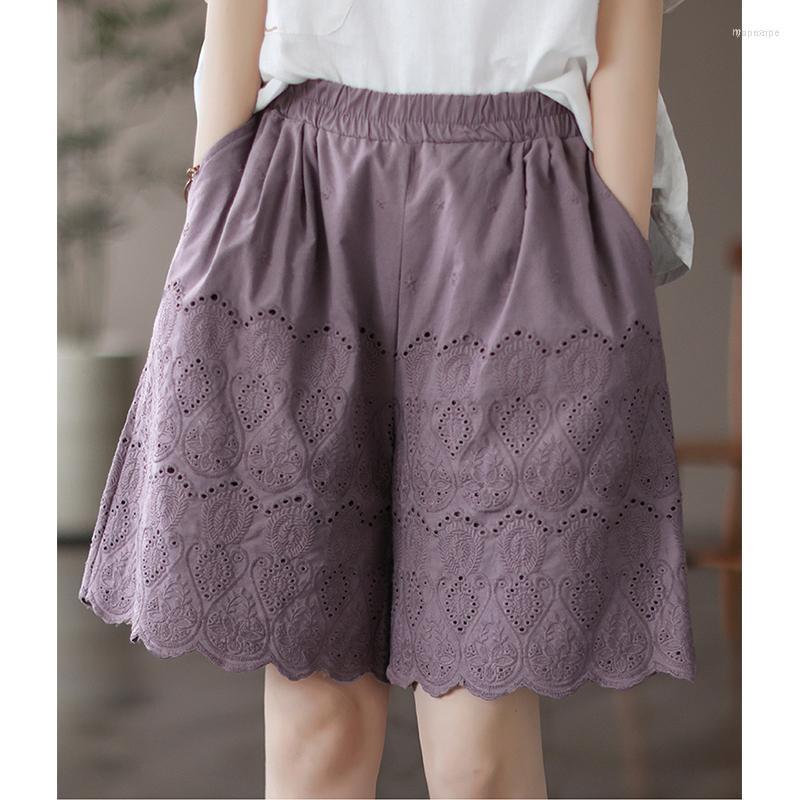 

Women's Shorts Women's Literature Sweet Embroidery Cotton Linen Elastic Waist Loose Women, Black