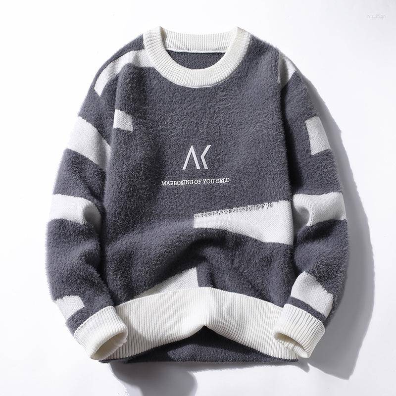 

Men's Sweaters #5863 Mohair Men's Knitted Sweater Slim Spliced Color O-neck Harajuku Pullovers Warm Thick Winter, Dark grey