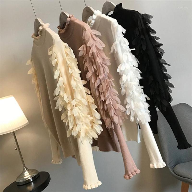 

2022 Autumn Floral Lady Sleeve Knitted Sweater O-neck Basic Tops Pullover Shirts Bottomings 1986, Apricot
